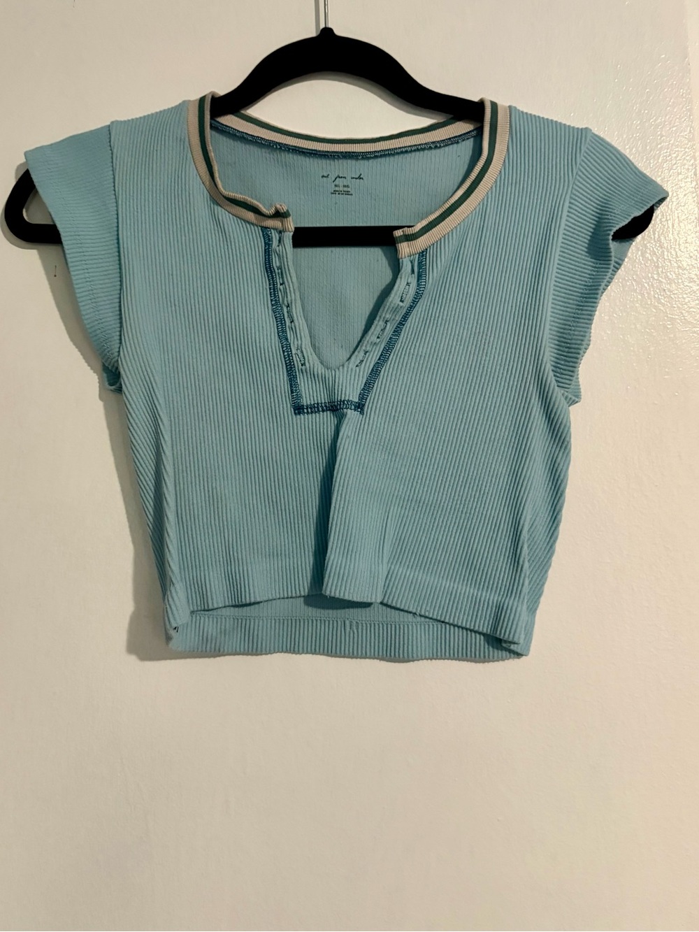 Urban Outfitters Ribbed Sky Blue Cap Sleeve Crop Top with Contrast Trim